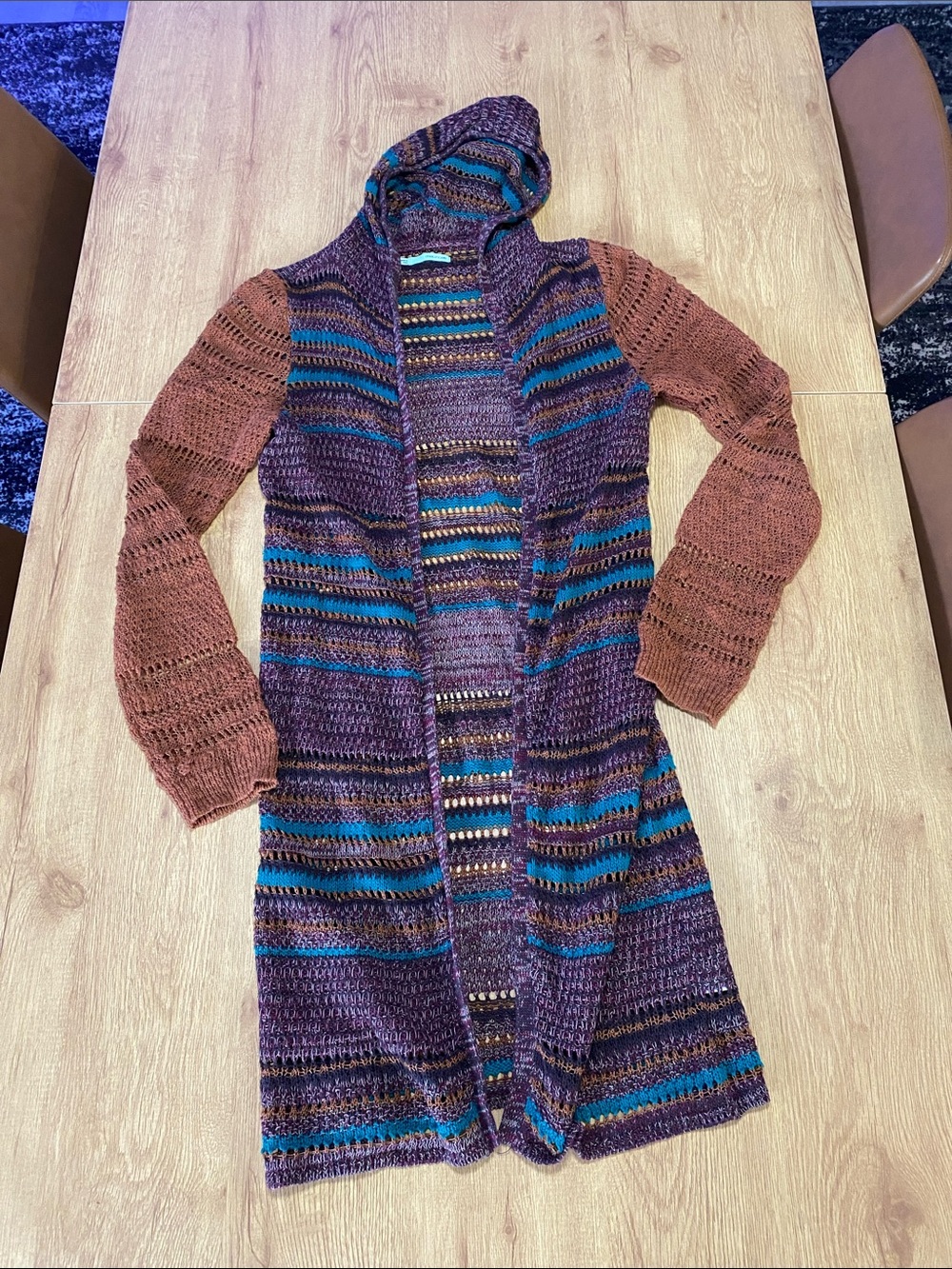 Maurices Open-Knit Hooded Cardigan in Teal, Purple & Rust